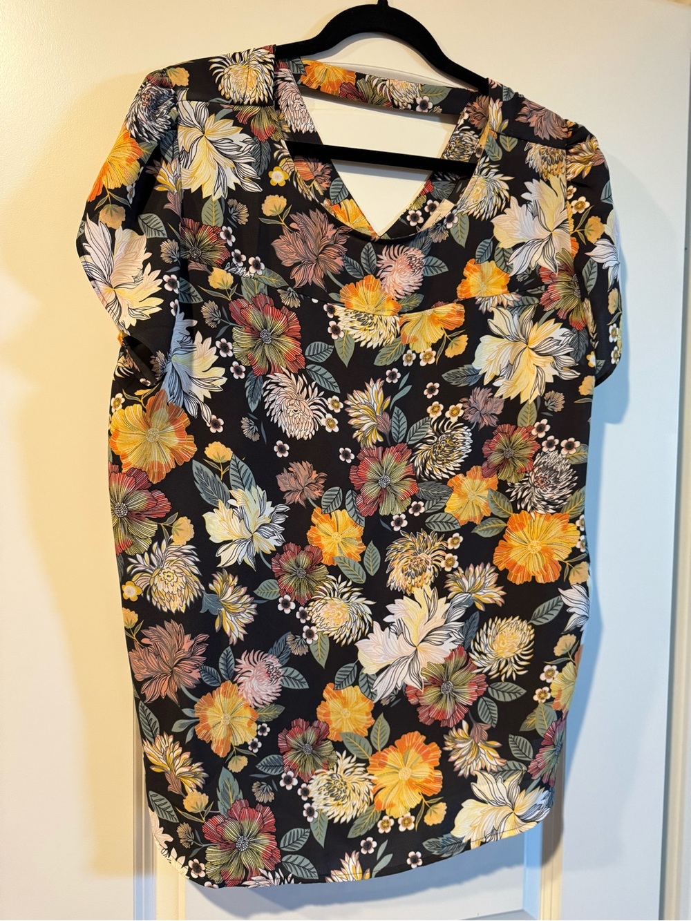 LOFT dark gray  Floral V-Neck Top with Yellow, Pink & Green Accents